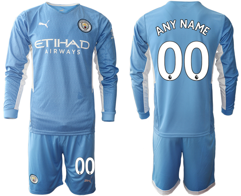 Men 2021-2022 Club Manchester city home Light blue Long Sleeve customized Soccer Jersey
